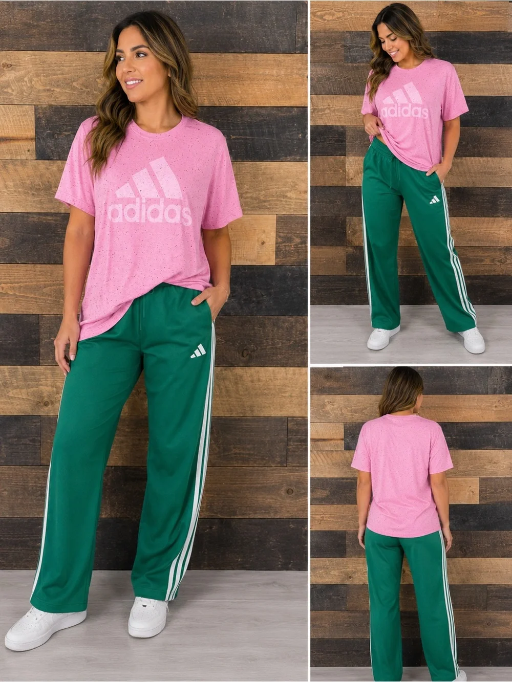 adidas Pink Logo Tee with Green Wide-Leg Track Pants - Picture 1 of 1
